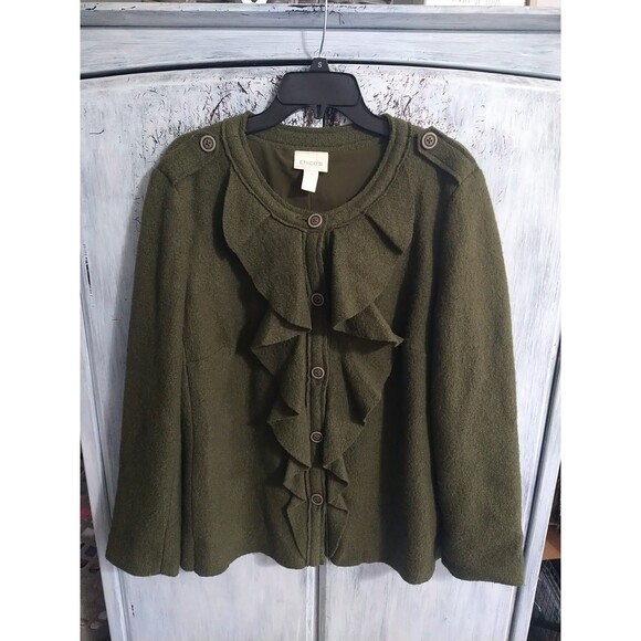 Chicos Wool Ruffled Button Up Coat Olive Green Size 2 Boho Feminine - Picture 1 of 10